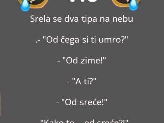 Srela se dva tipa na nebu. – “Od čega si ti umro?” – “Od zime!”  – “A ti?”  – “Od sreće!”  – “Kako to – od sreće?!”  – “Eto, dođem ja kući, zateknem ženu u