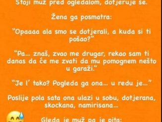 Stoji muž pred ogledalom… dotjeruje se… posmatra ga: “Opaaaa ala smo se dotjerali… a kuda si ti pošao?” “Pa… znaš… zvao me drugar,,, rekao sam ti danas da će me zvati da mu pomognem nešto u garaži.”  “Je l’ tako? Pogleda ga ona… u redu je…”  Poslije pola sata ona ulazi u sobu, doterana, skockana, namirisana…  Gleda je muž pa je pita: